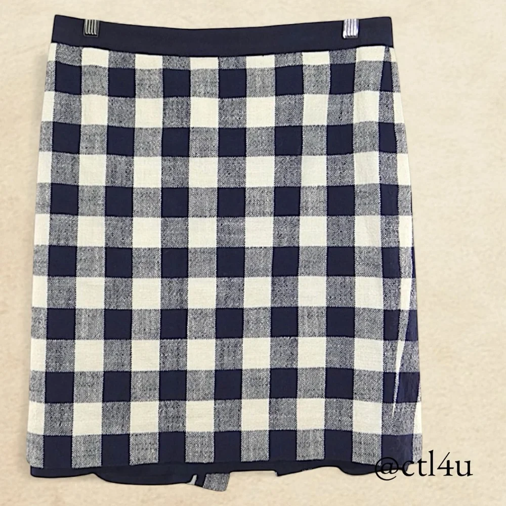 J.Crew Pencil Skirt Check Navy White Linen Blend Coastal Preppy Officecore Sz 8